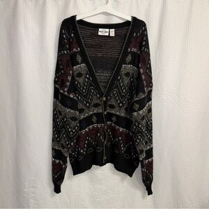 Vintage Piccadilly Geometric Knit Cardigan Sweater 2XL Tall Made In Korea Retro